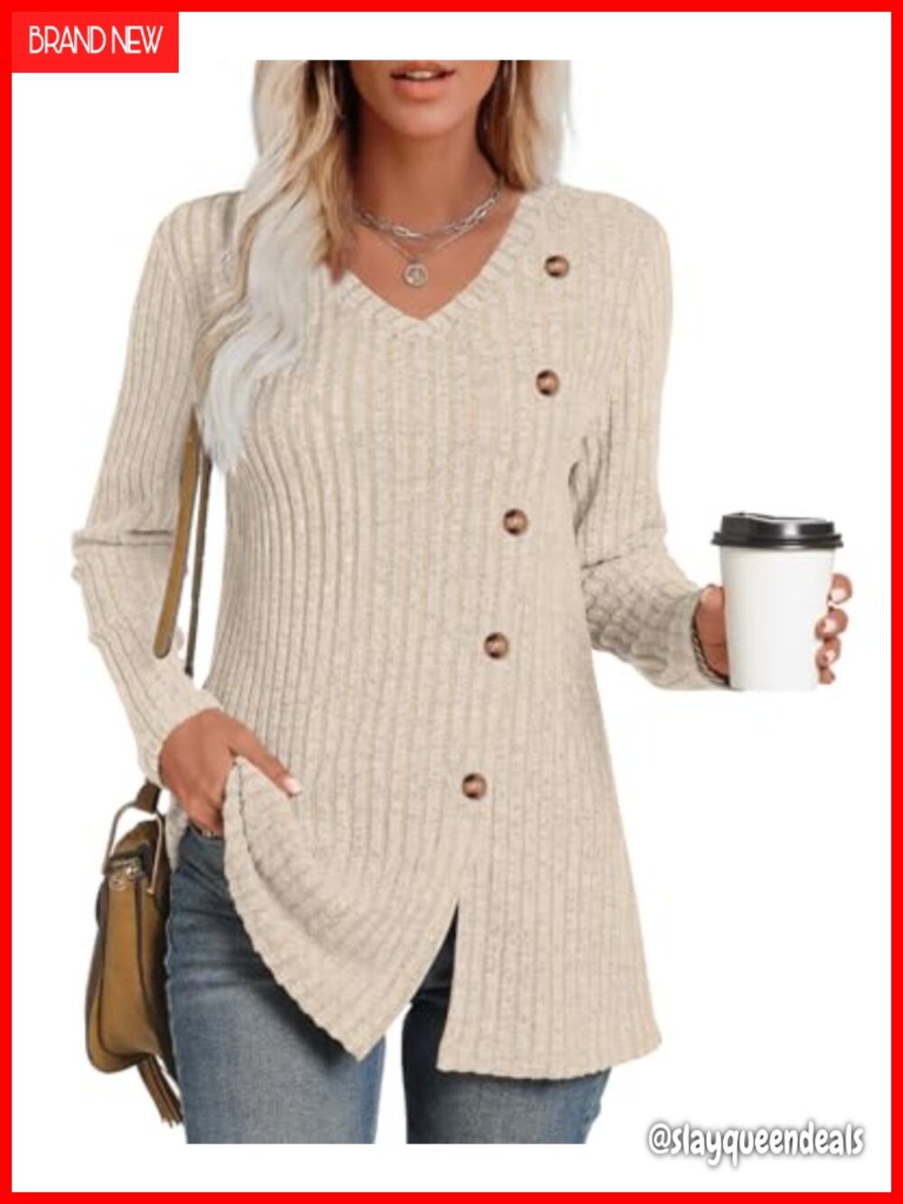 V-Neck Long Sleeve Ribbed Knit Tunic Sweater Blouse with Side Slit